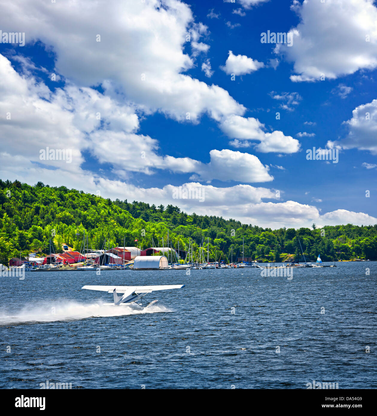 Seaplane taking off from Georgian Bay at Parry Sound Ontario Canada Stock Photo