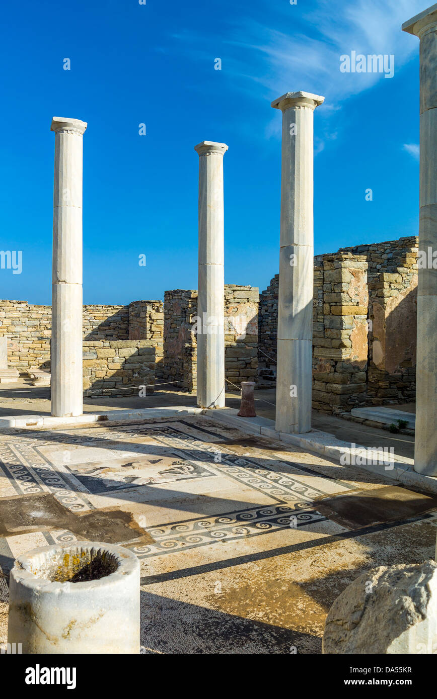 Delos Inscription Column Europe Greece, Delos, archaeological site, the columns of the Dionysus ...