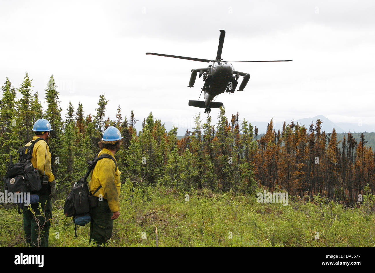 Firemen with the US Forest Service Lassen Interagency Hotshot crew wait to be picked up by an Alaska Army National Guard UH-60 Black Hawk helicopter after containing a wildfire June 30, 2013 in Palmer, Alaska. Stock Photo