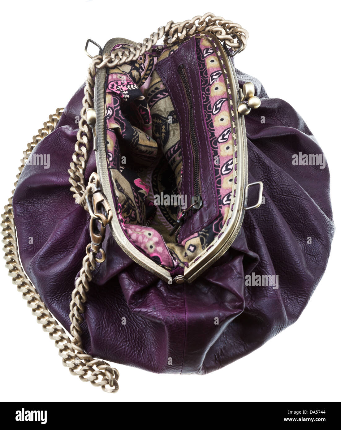 open dark cherry color leather retro style traveling bag isolated on ...