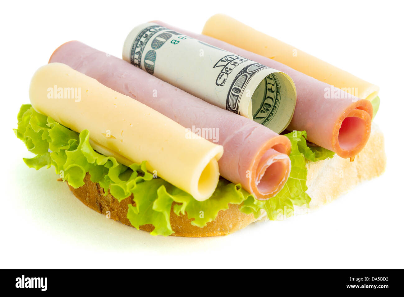 Expensive sandwich. Costs for food Stock Photo