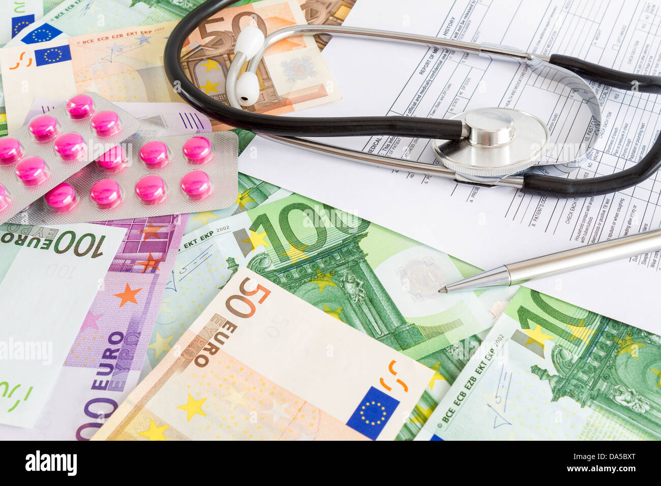 Costs for medical insurance. Euro, stethoscope, pills and medical form