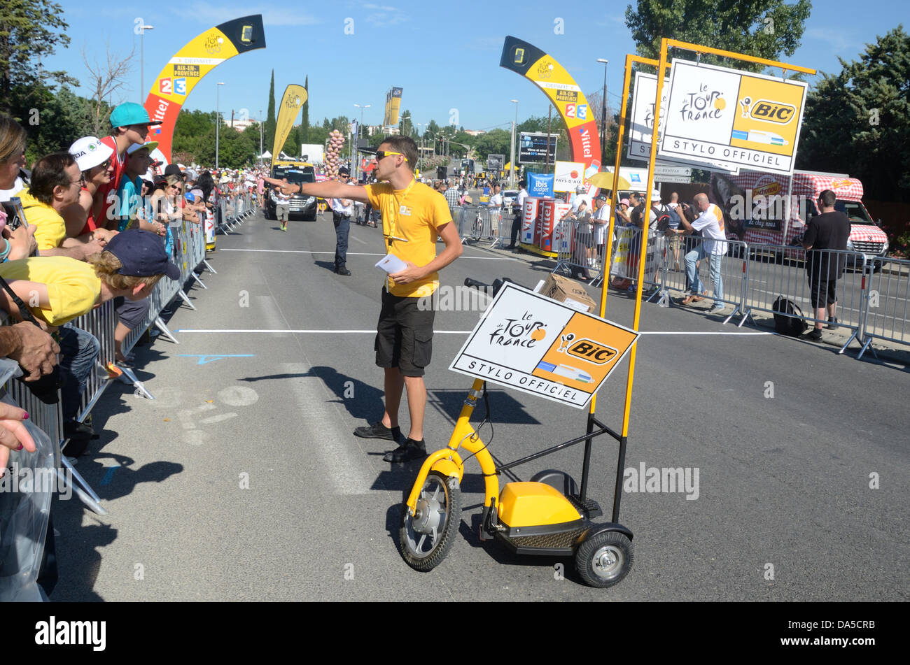 Provence, France. 04th July, 2013. Advertising & Promotional Events at Start of Tour de France or Advertising Caravan for BIC Pens & Three-Wheeler Electric Scooter. Aix-en-Provence Credit:  Chris Hellier/Alamy Live News Stock Photo