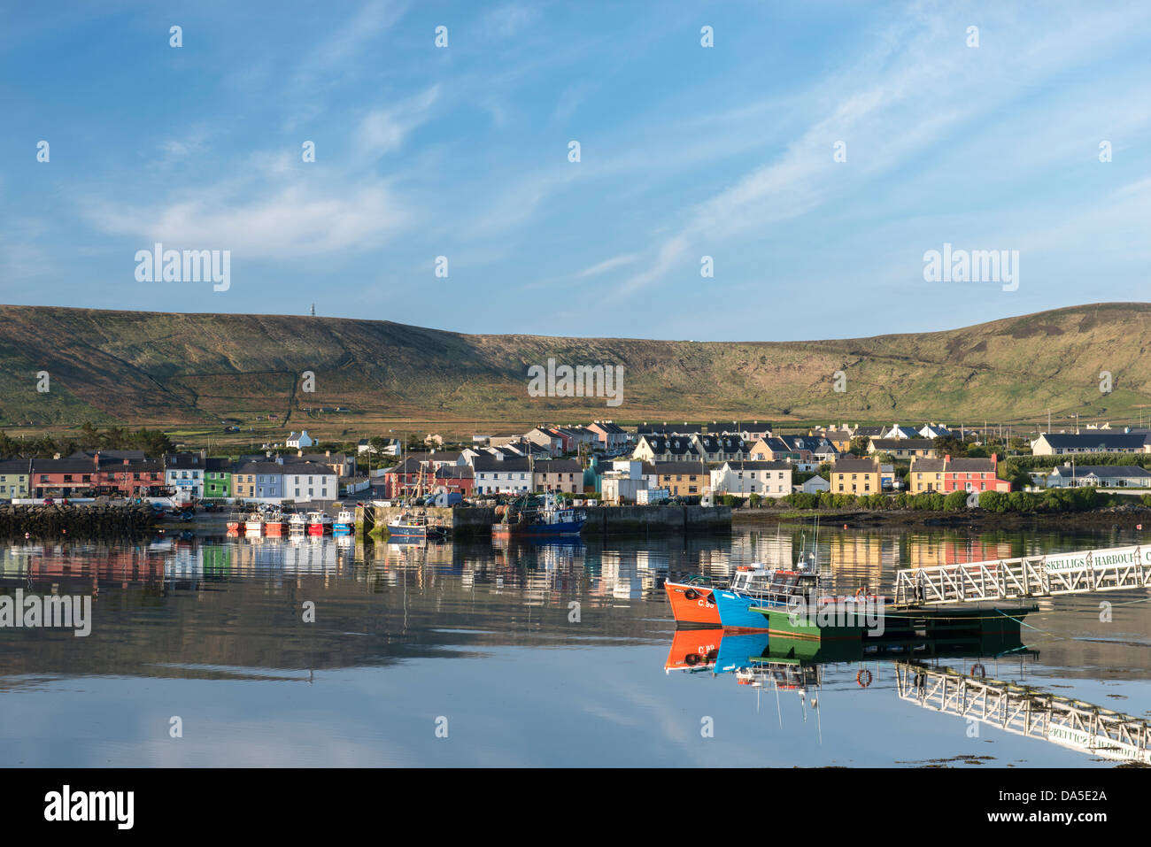 Portmagee taken from Valentia Island with Skellig tripper boats in foreground Stock Photo