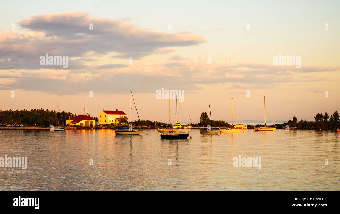 Boats in Grand Marais, Minnesota harbor at sunset Stock Photo Alamy