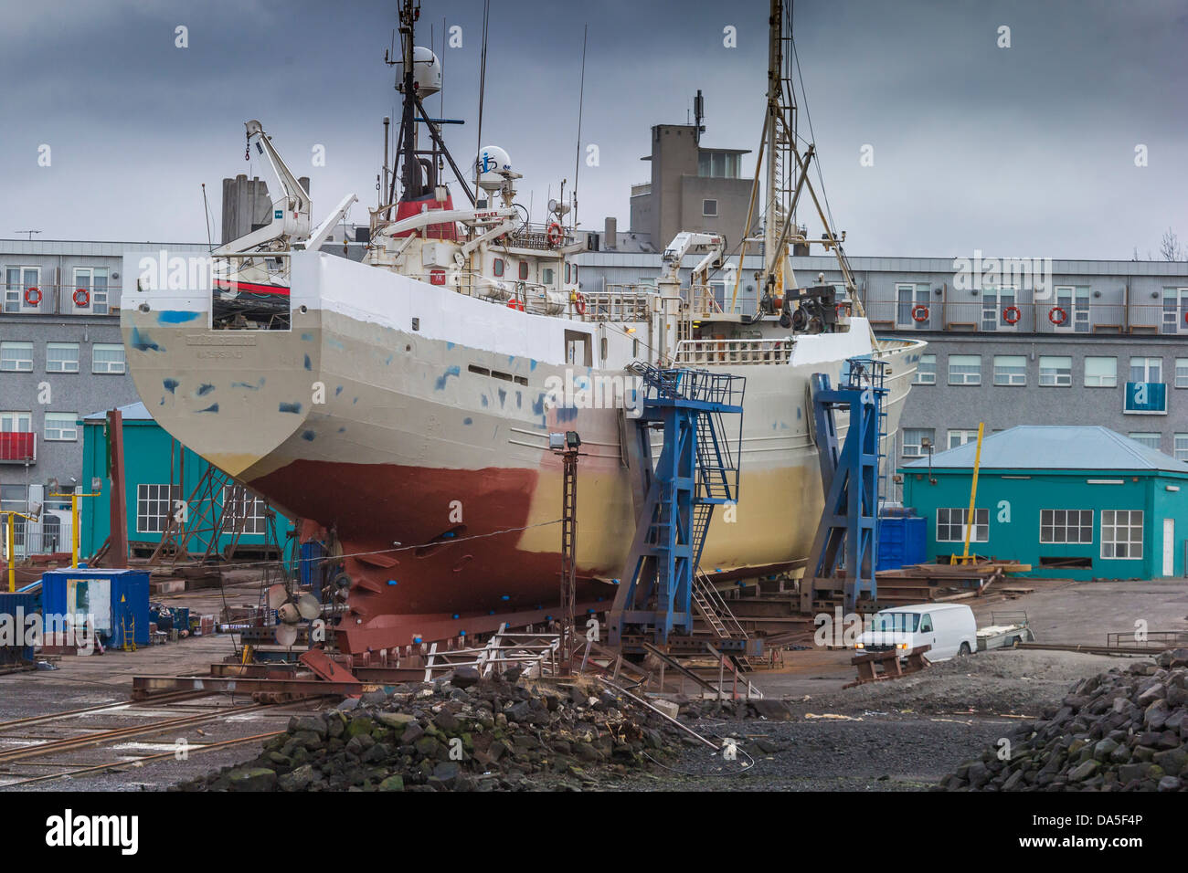 Fishing trawler in dry dock, Reykjavik, Iceland. Stock Photo