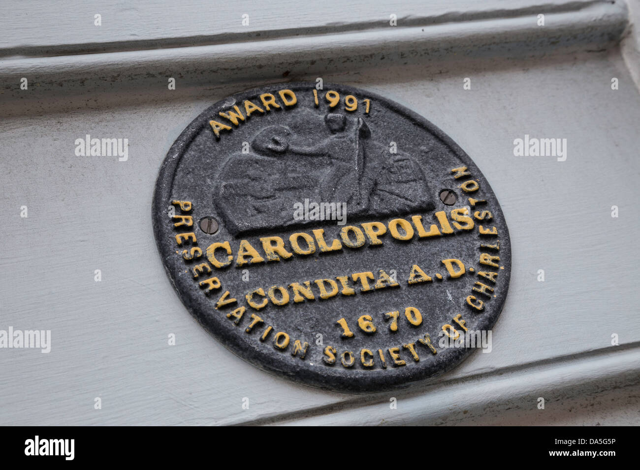 Carolopolis Plaque, The Preservation Society of Charleston, Charleston, South Carolina, USA Stock Photo