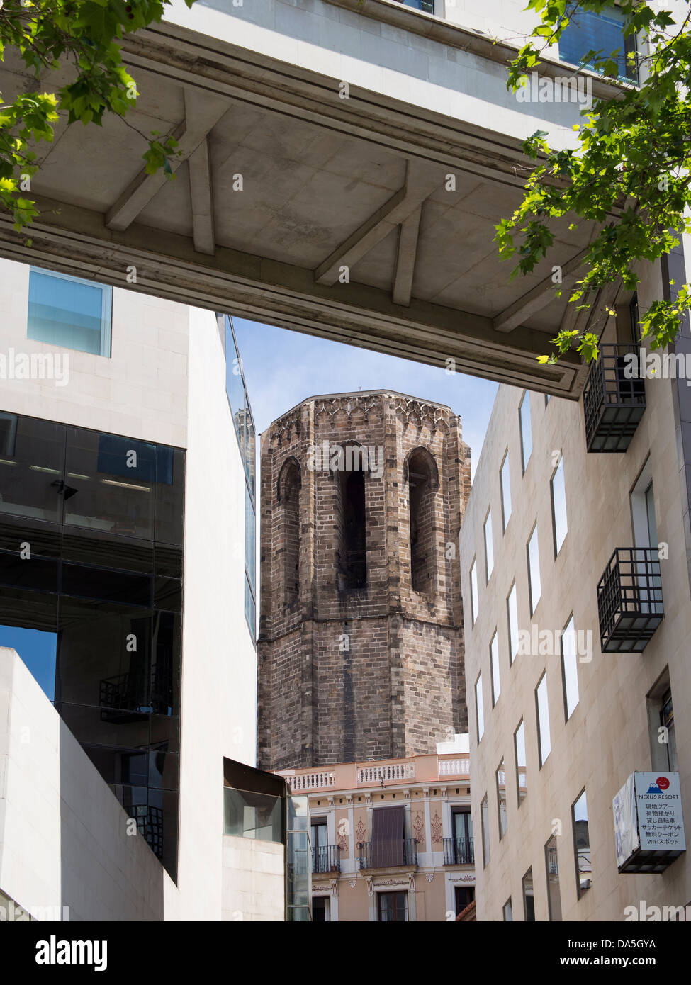 Architectural contrasts -  Santa Maria del Pi and modern shops off La Rambla, Barcelona, Spain 1 Stock Photo