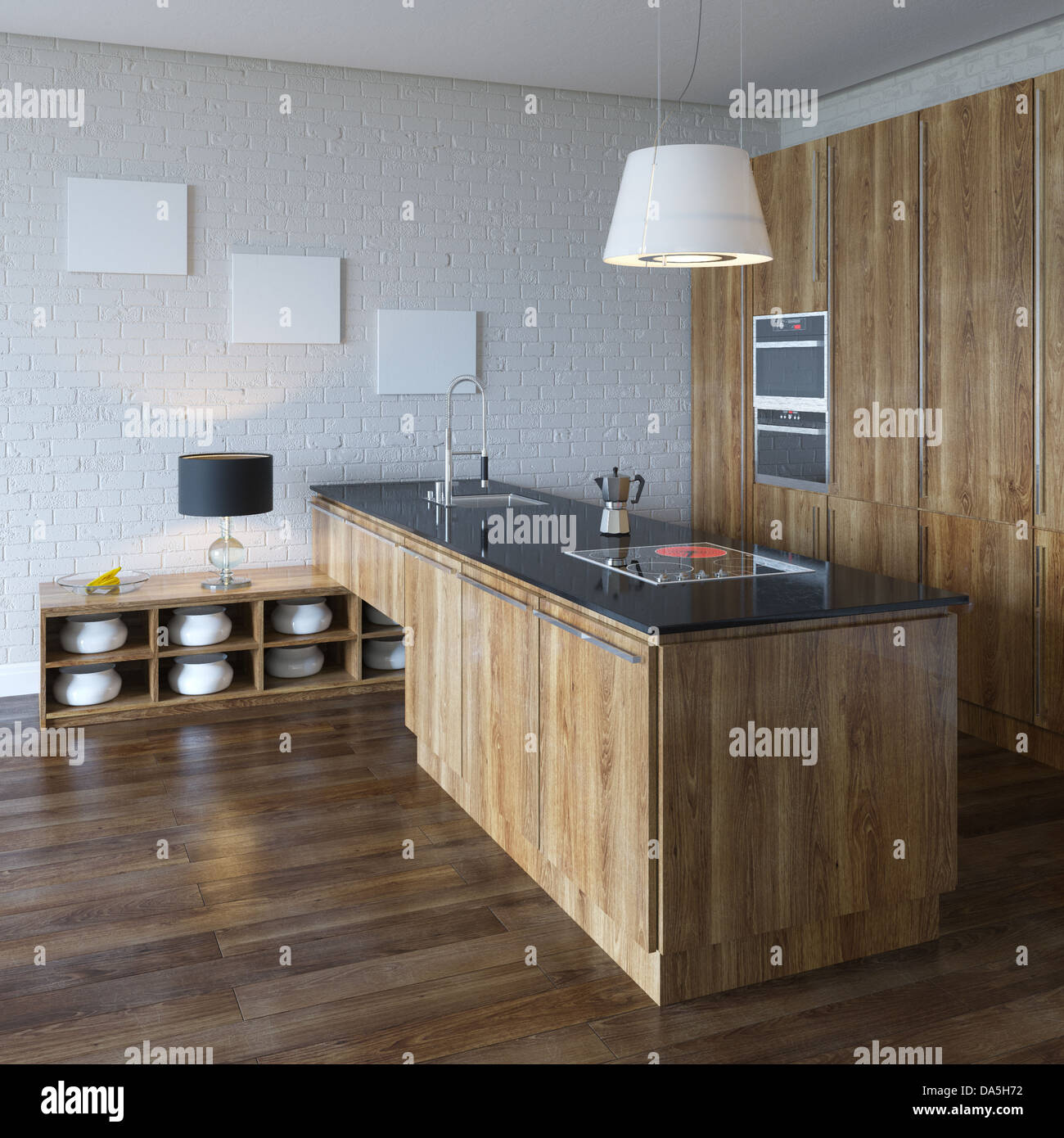 Luxury Kitchen Cabinet (Wooden Furniture) Perspective View Stock Photo
