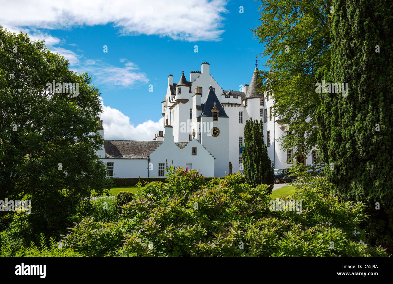 Europe Great Britain, Scotland, Perthshire, Blair Atholl, the Blair castle, home of the Duke of Athool, seen from the garden. Stock Photo