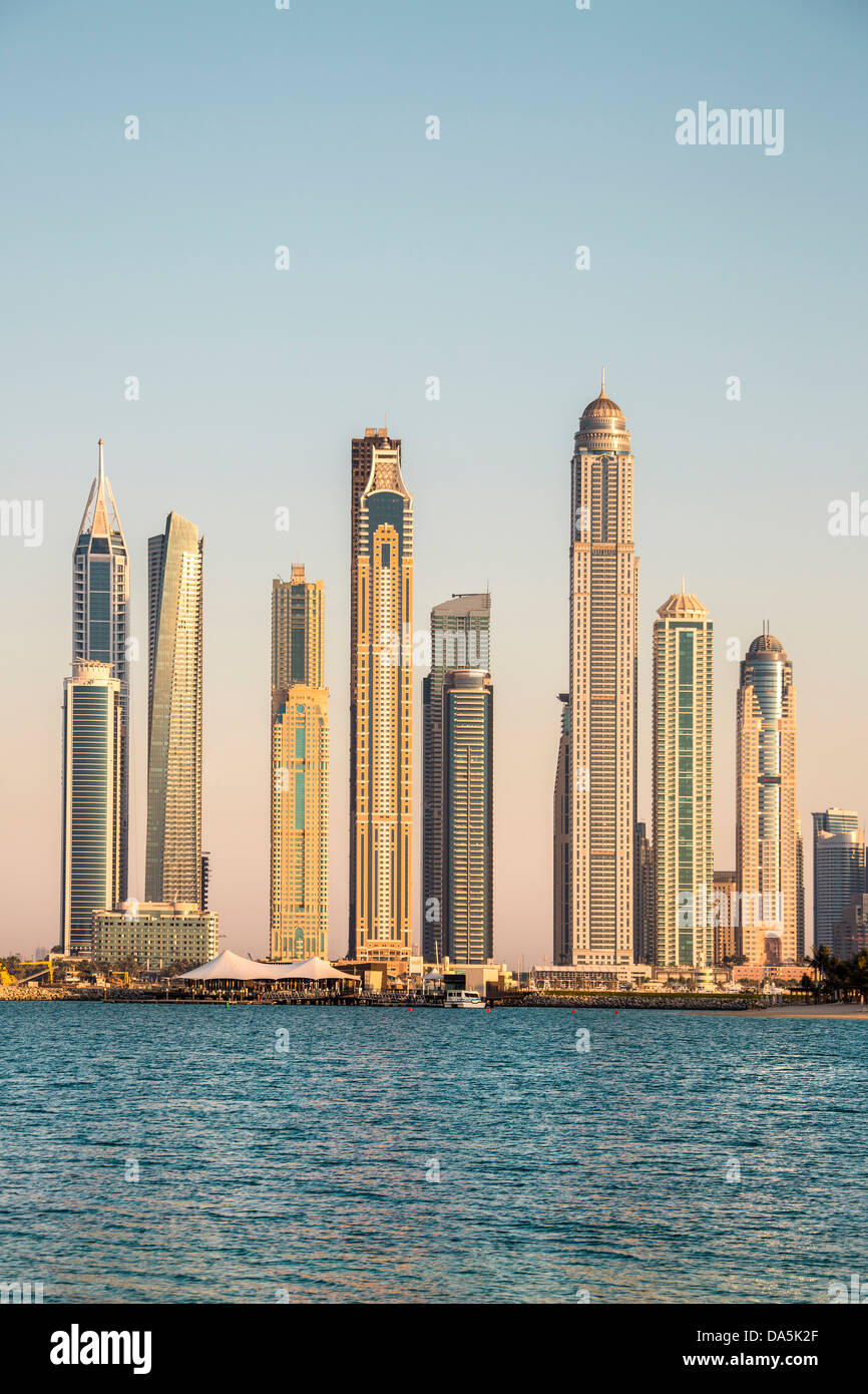United Arab Emirates, UAE, Dubai, City, Dubai Marina, architecture, buildings, futuristic, marina, modern, new, skyscrapers, sun Stock Photo