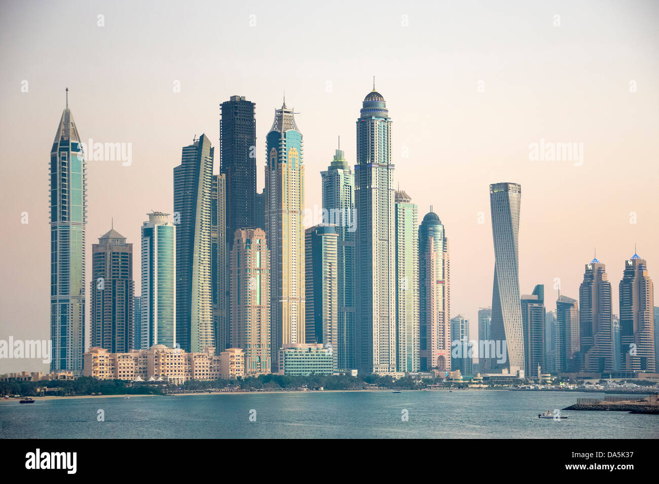 United Arab Emirates, UAE, Dubai, City, Dubai Marina, architecture, buildings, futuristic, marina, modern, new, skyscrapers, sun Stock Photo