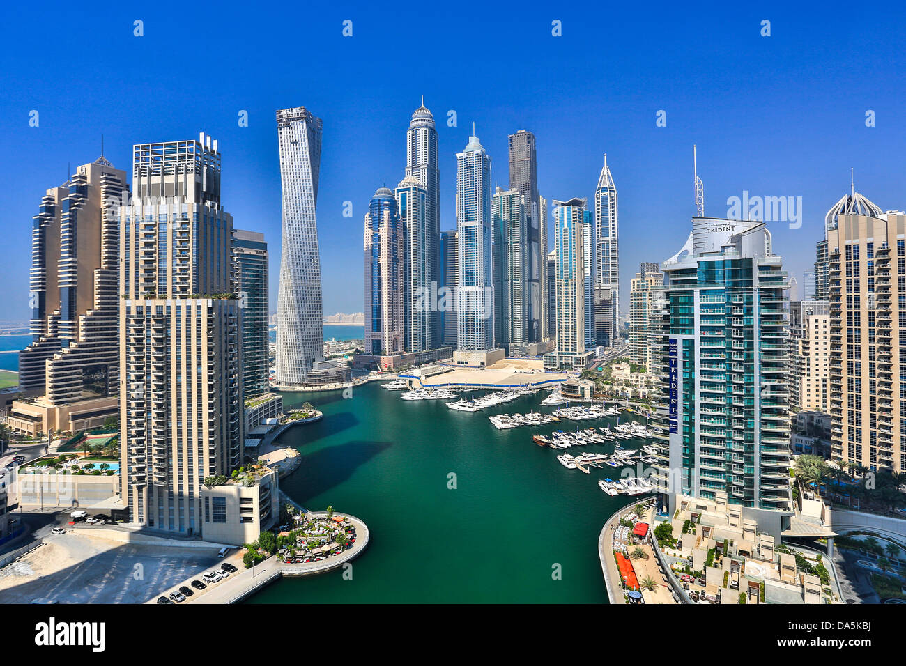 United Arab Emirates, UAE, Dubai, City, Dubai Marina, Dubai, architecture, boat, boats, buildings, construction, futuristic, har Stock Photo