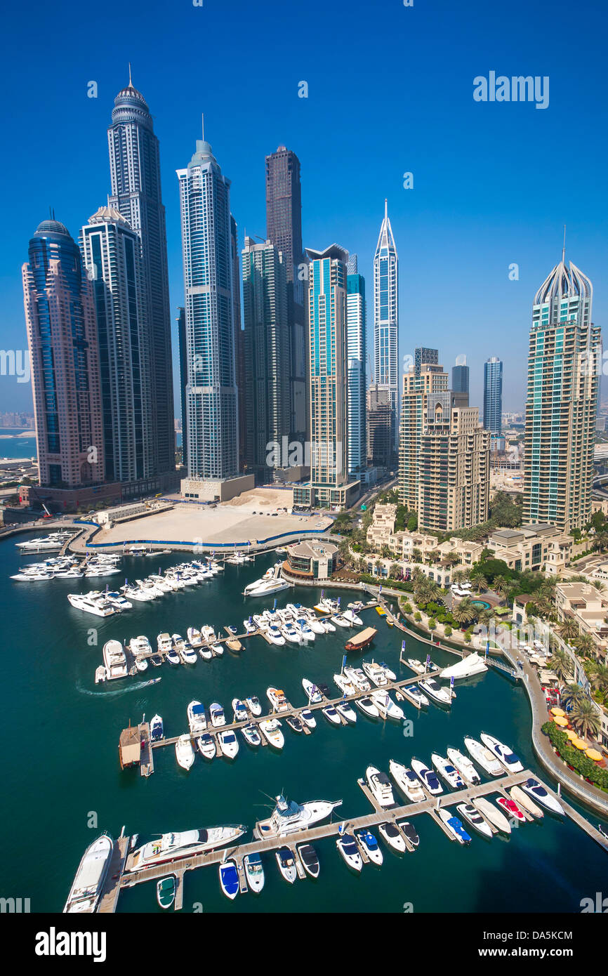 United Arab Emirates, UAE, Dubai, City, Dubai Marina, Dubai, architecture, boat, boats, buildings, construction, futuristic, har Stock Photo