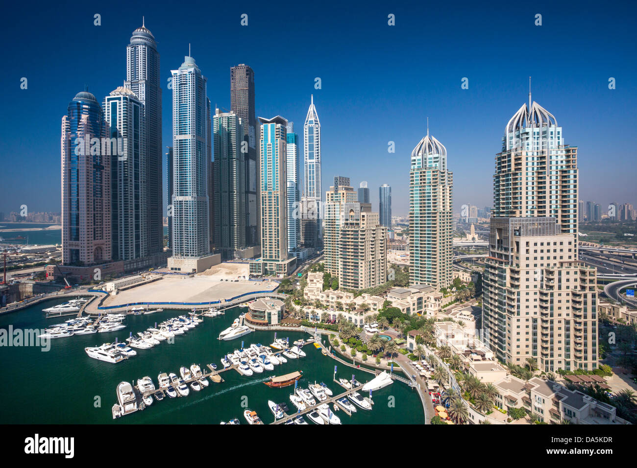 United Arab Emirates, UAE, Dubai, City, Dubai Marina, Dubai, architecture, boat, boats, buildings, construction, futuristic, har Stock Photo