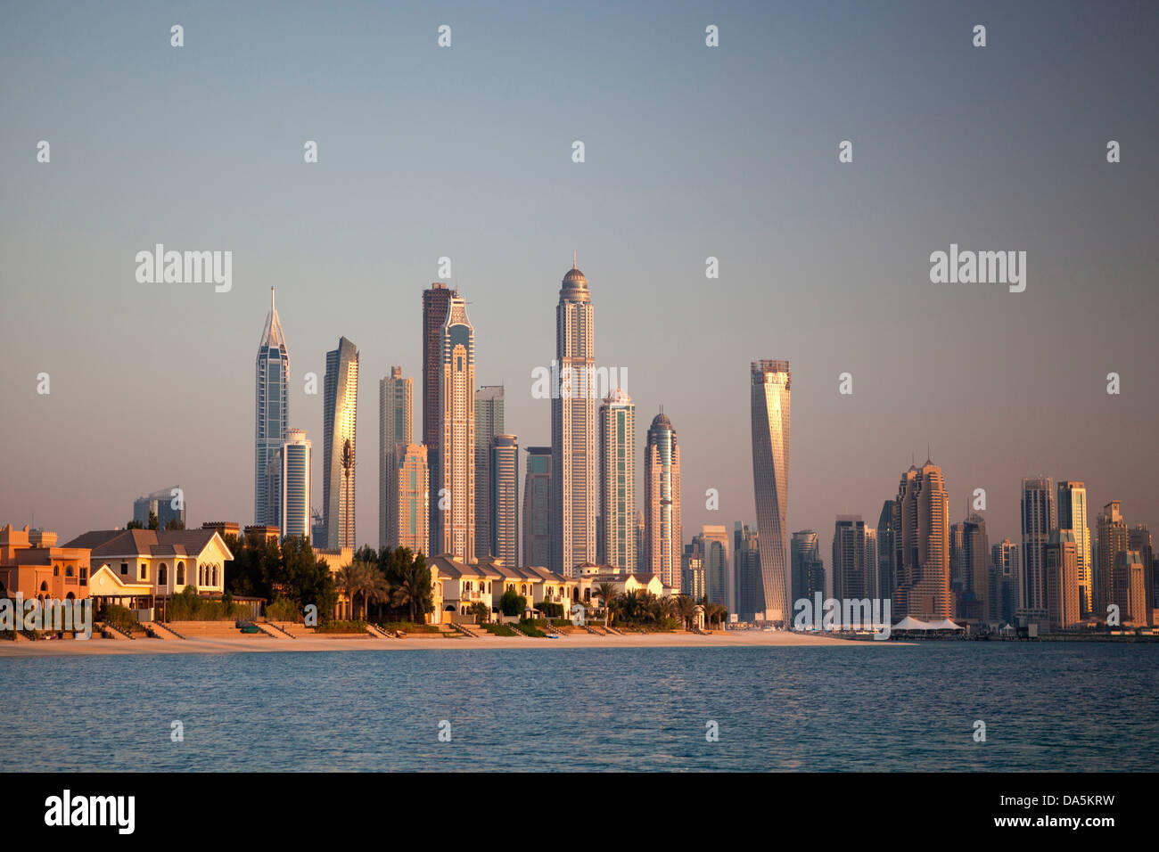 United Arab Emirates, UAE, Dubai, City, Dubai Marina, architecture, buildings, futuristic, marina, modern, new, skyscrapers, sun Stock Photo