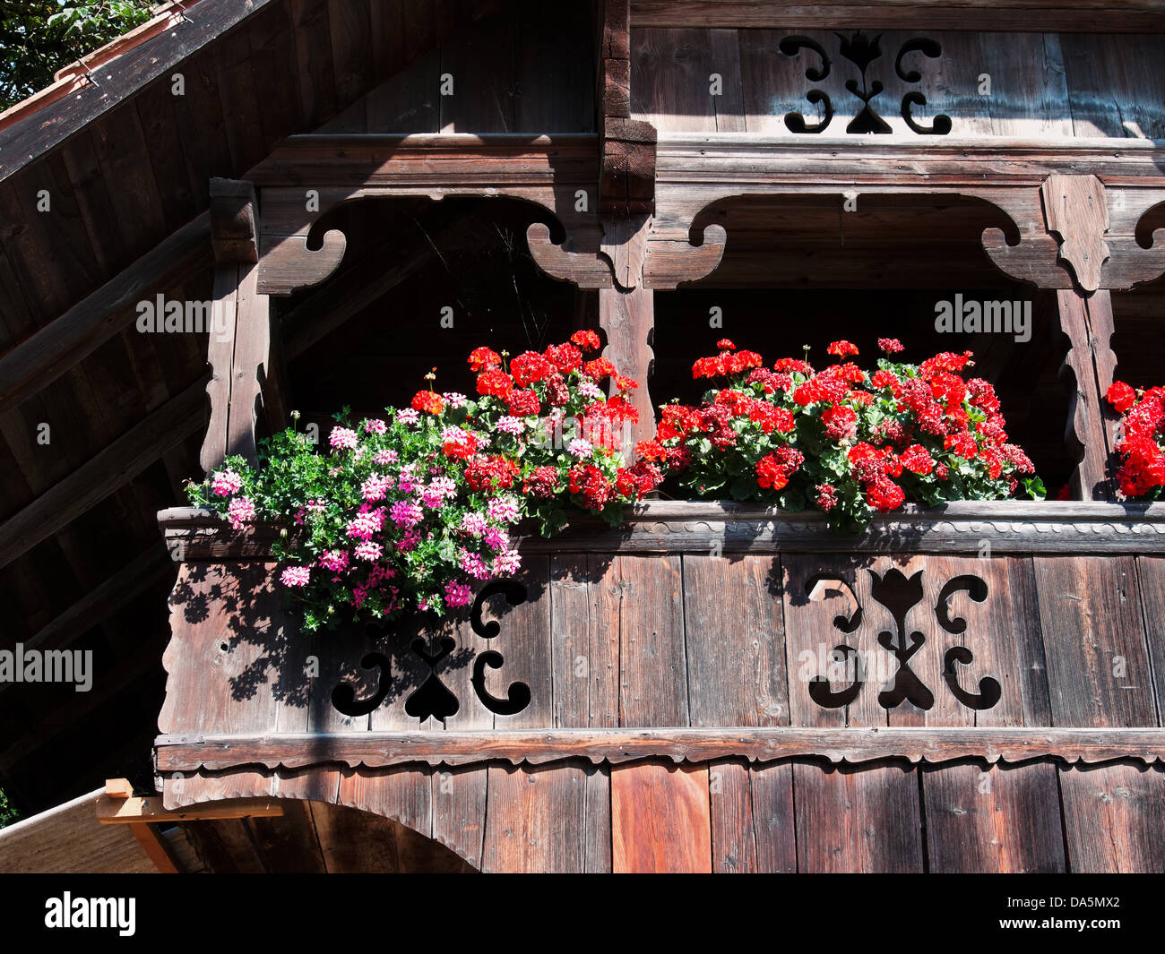floral, decoration, geraniums, wooden facade, timber house, canton Bern, Bern, Rüegsau, Switzerland, Europe, storage, Stock Photo