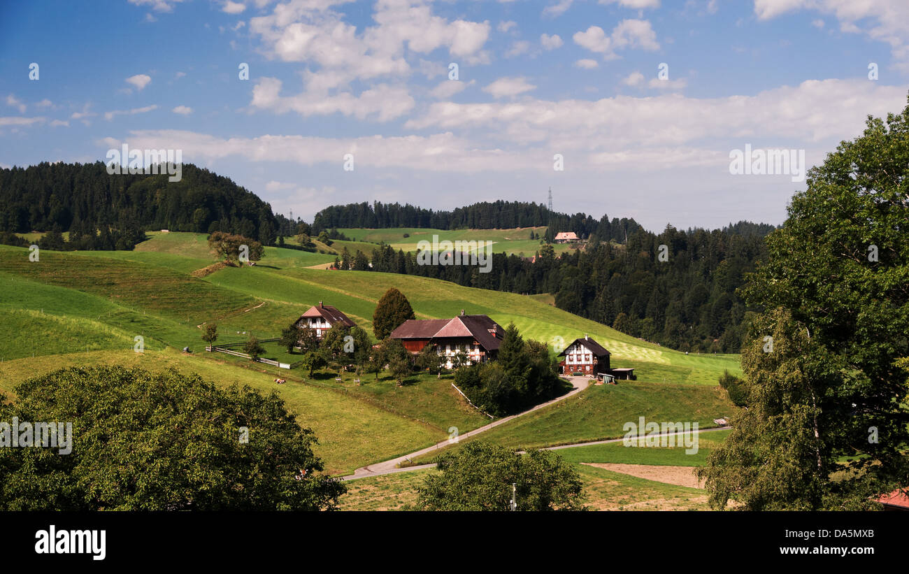 Farm, Emmental, fields, court, yard, canton Bern, Bern, scenery, agriculture, low brook, Schwanden, Switzerland, Europe, Stock Photo
