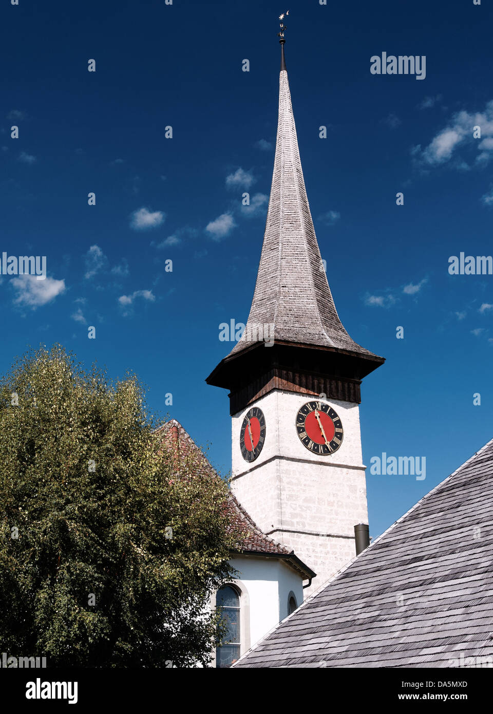 Emmental, canton Bern, Bern, church, steeple, church clock, Rüderswil, Switzerland, Europe, clock, Stock Photo