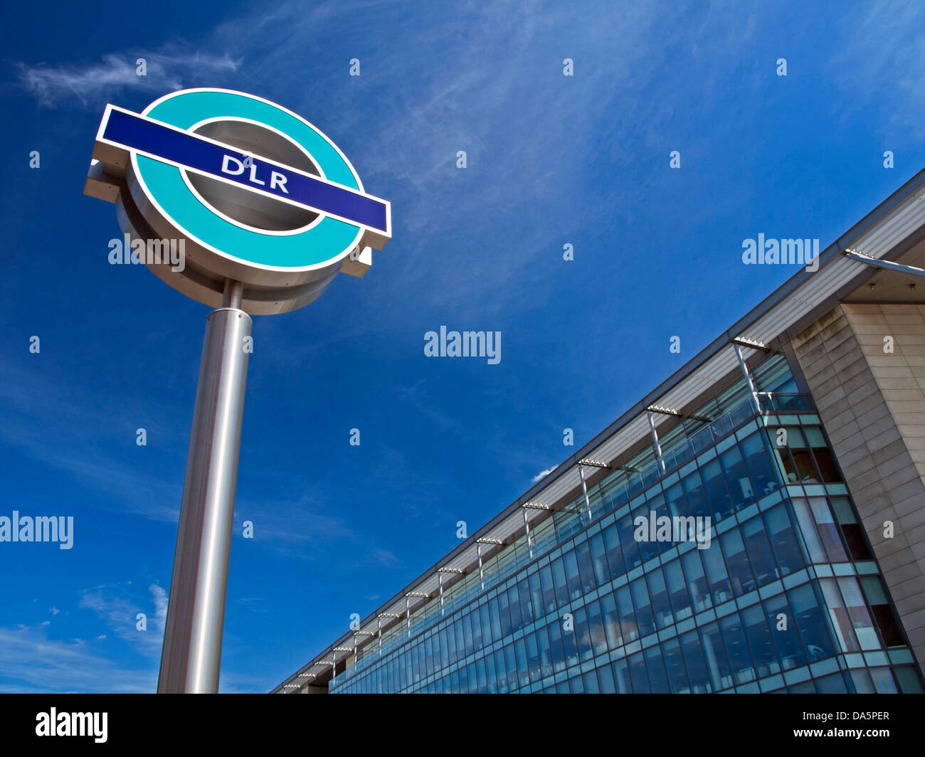 Roundel at Royal Albert Docklands Light Railway (DLR) station, East London, London, England, United Kingdom Stock Photo