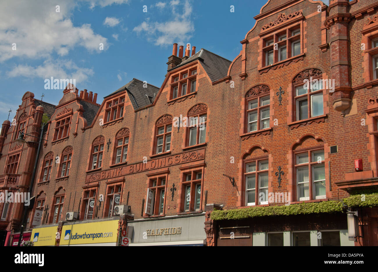 Street view of Bank Buildings in Wimbledon, South London, England