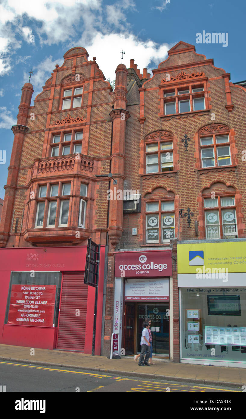 Street view of Bank Buildings in Wimbledon, South London, England