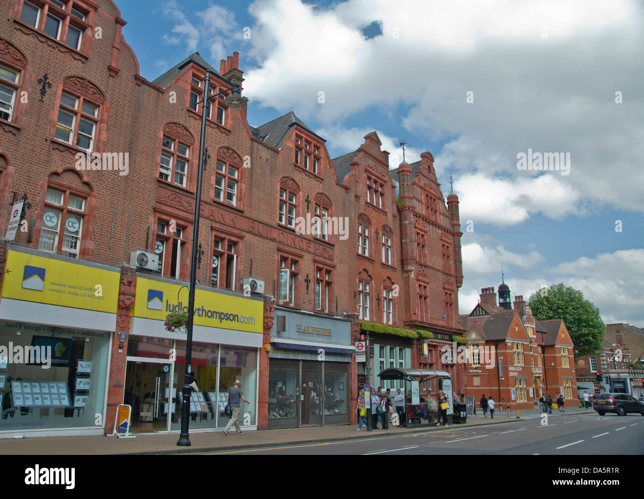 Street view of Bank Buildings in Wimbledon, South London, England