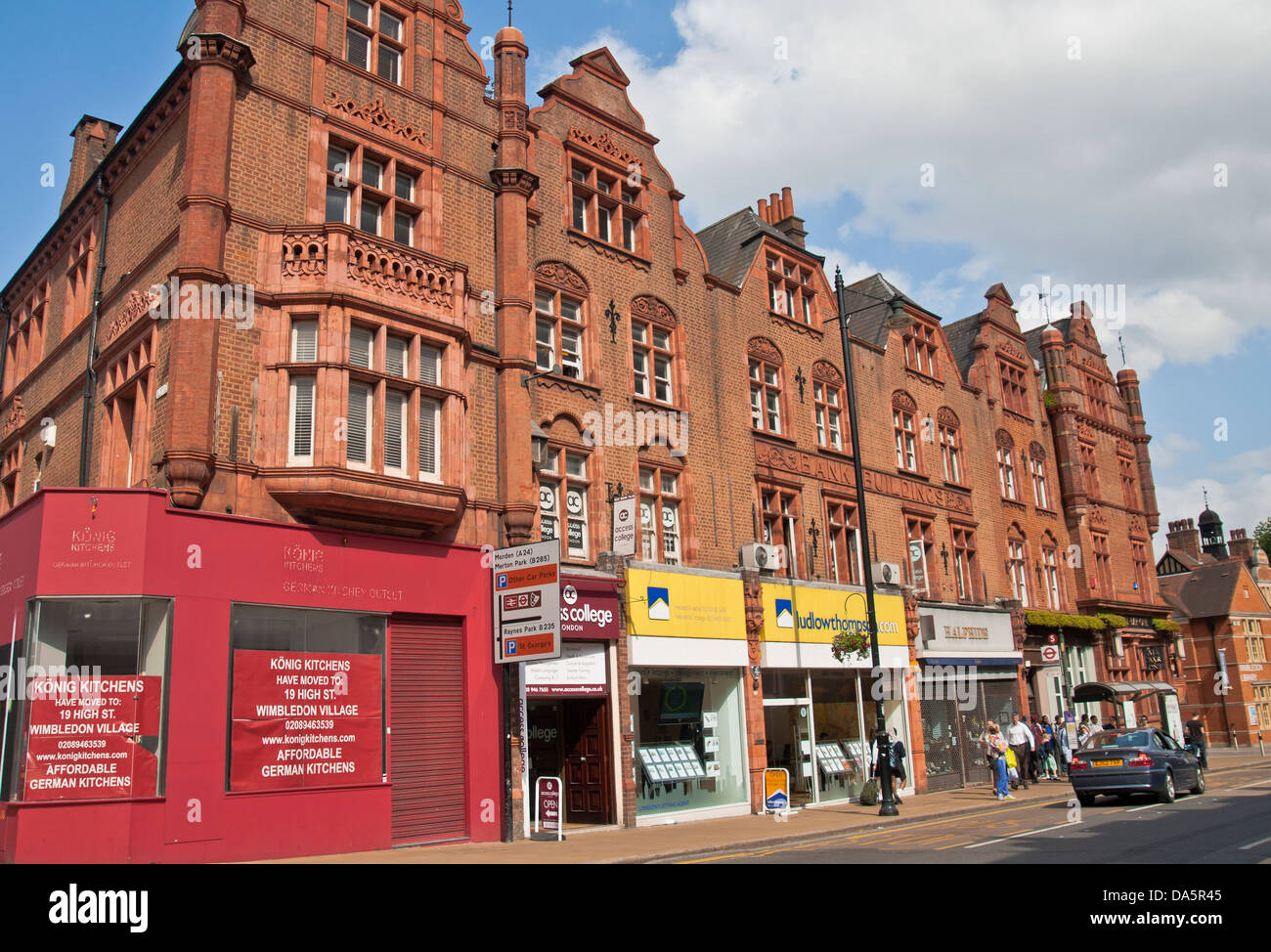 Street view of Bank Buildings in Wimbledon, South London, England