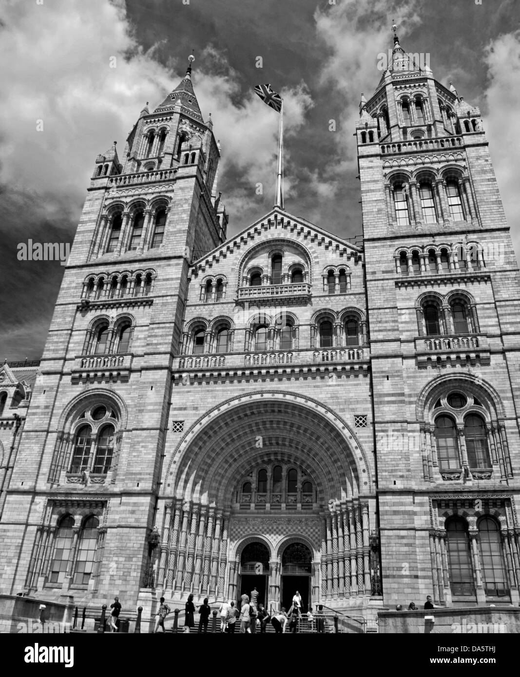 Black and white view of the Natural History Museum, South Kensington, London, England, United Kingdom Stock Photo