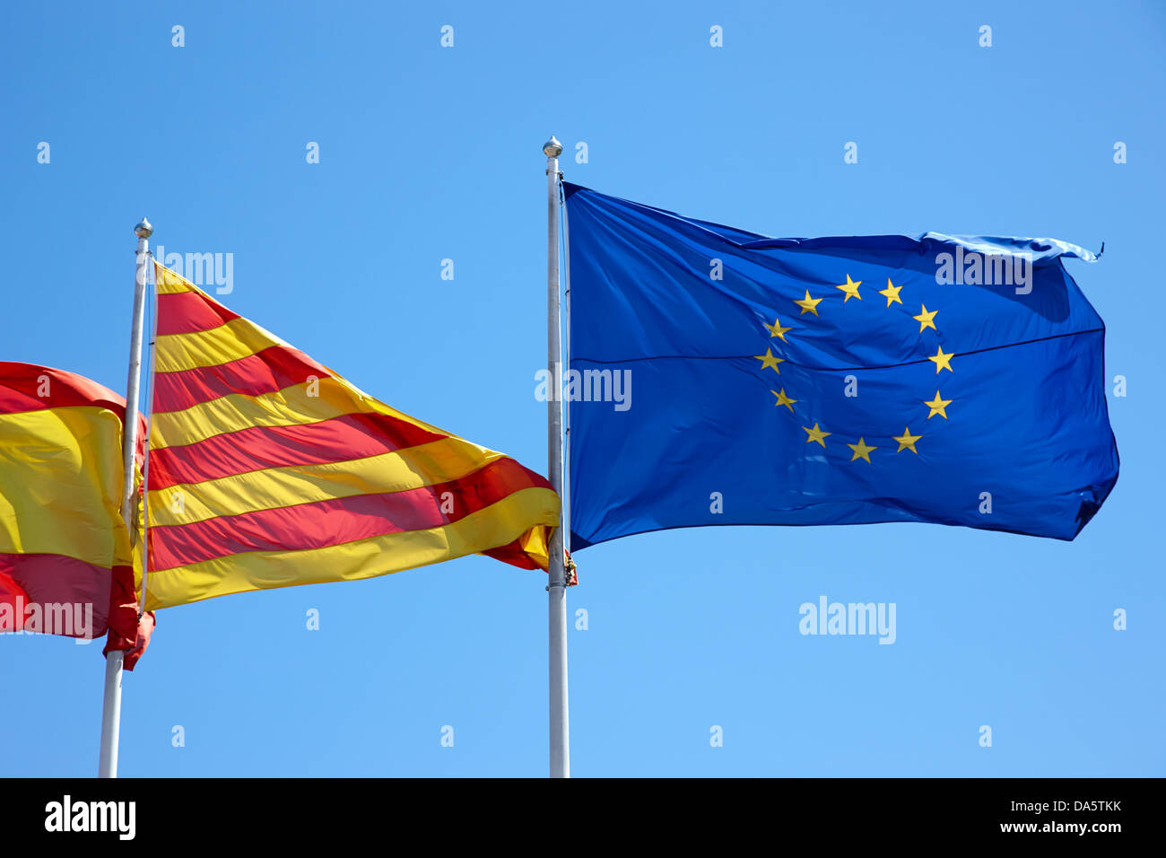 catalan and eu flags flying catalonia spain Stock Photo