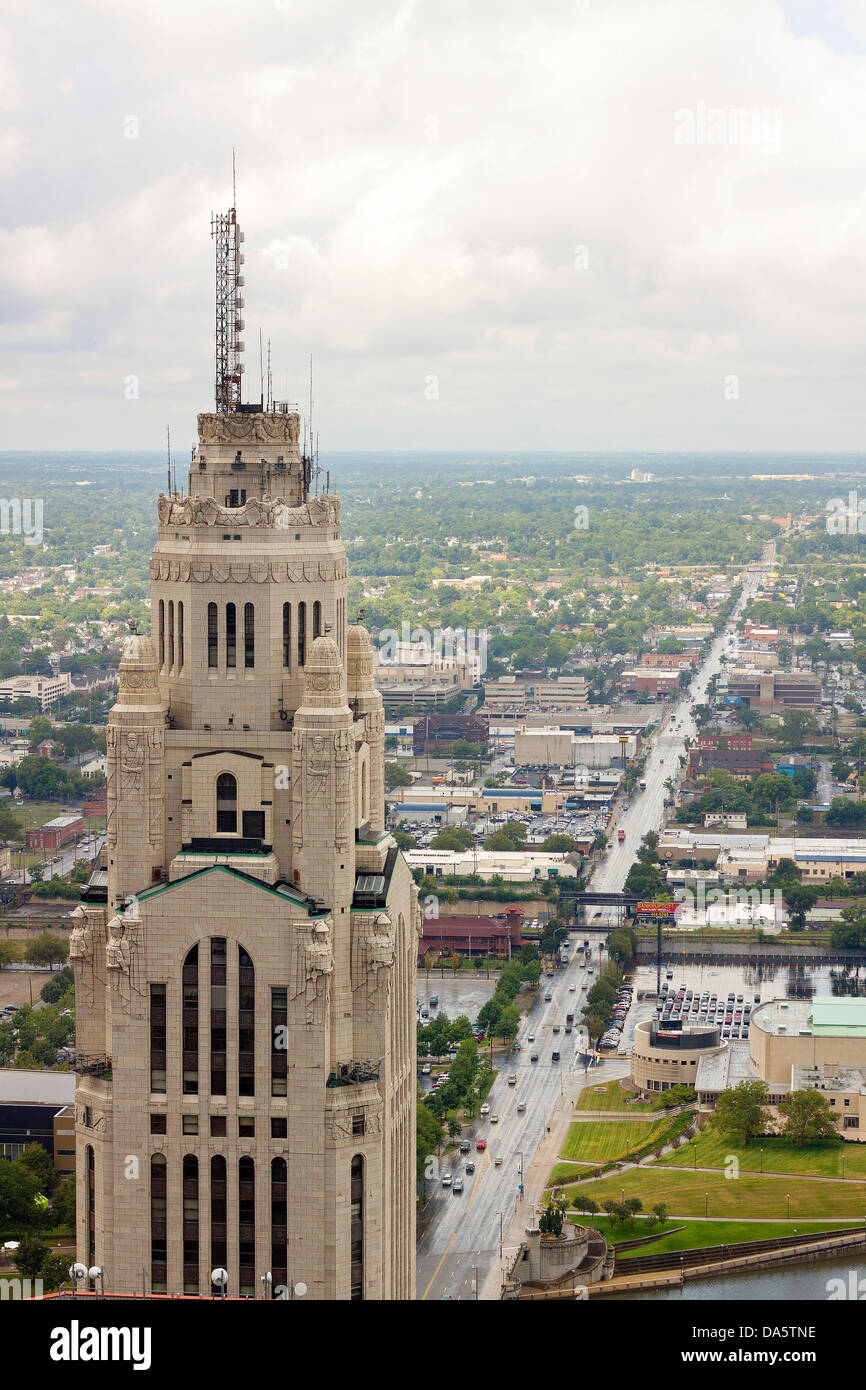 Aerial view of the Columbus, Ohio skyline, with the Leveque Tower in the foreground. Stock Photo
