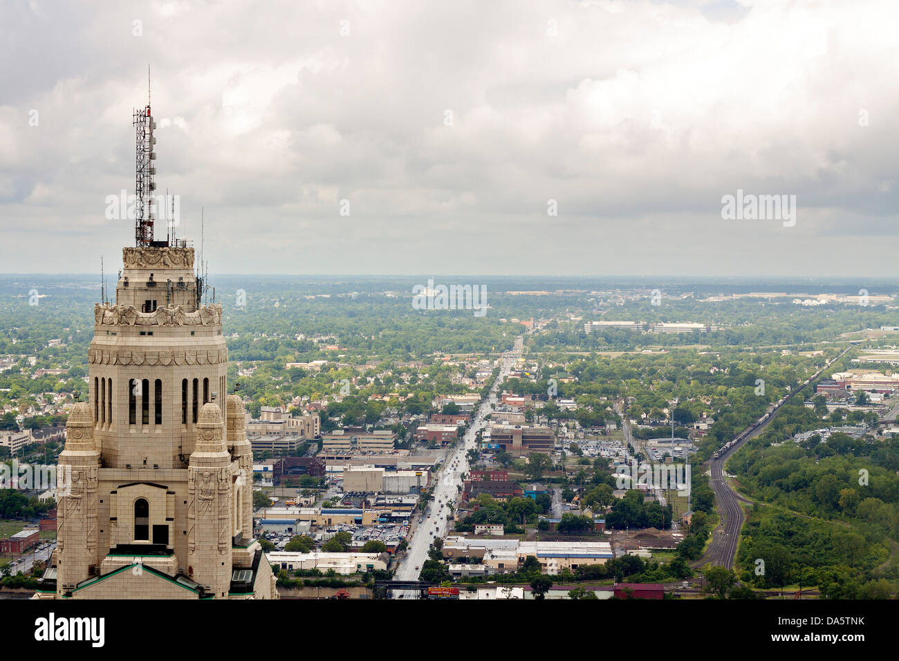 Aerial view of the Columbus, Ohio skyline, with the Leveque Tower in the foreground. Stock Photo