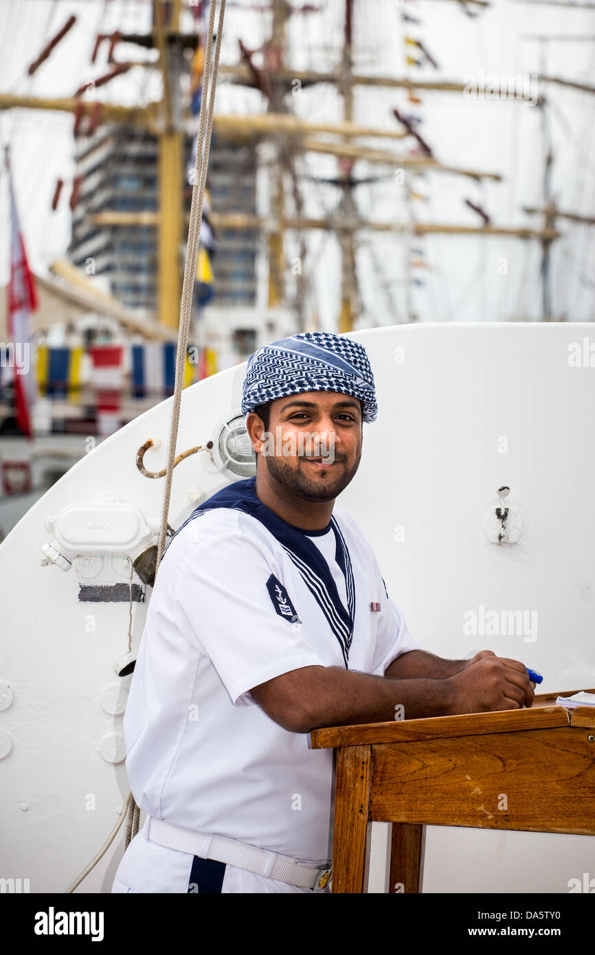 Aarhus, Denmark. 4th July, 2013. Crew member at The Royal Navy of Oman vessel Shabab Oman, during The Tall Ships Races 2013 in Aarhus, Denmark.  The city of Aarhus in Denmark, is the starting point of this years Tall Ships Races. The event includes a fleet of 104 sailing vessels and 3000 crew members from all over the world. Credit:  Michael Harder/Alamy Live News Stock Photo