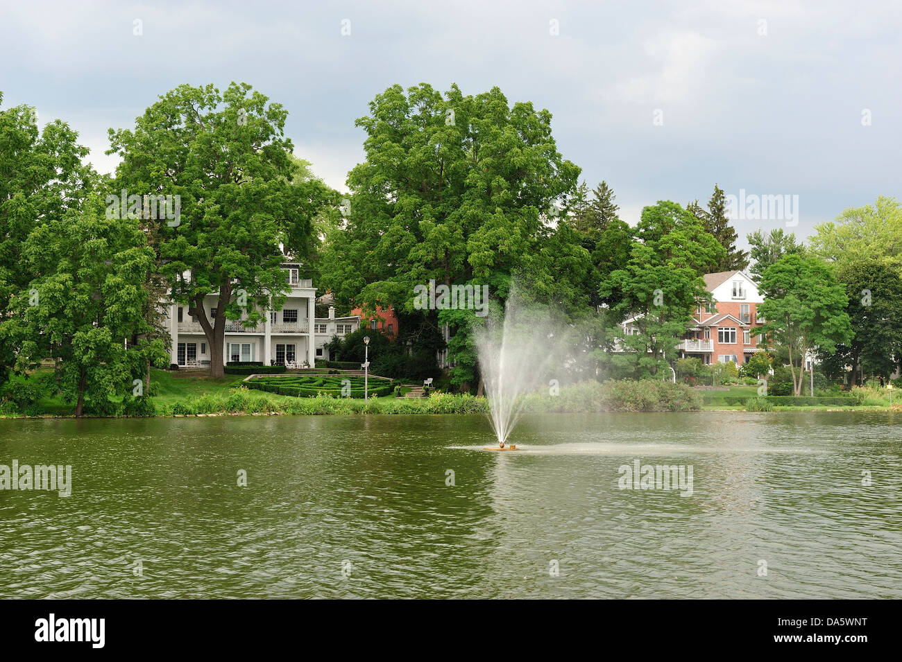 Avon River, river, Canada, Ontario, Stratford, Travel, Trees, along river, buildings, day, day time, foliage, fountain, grass, h Stock Photo