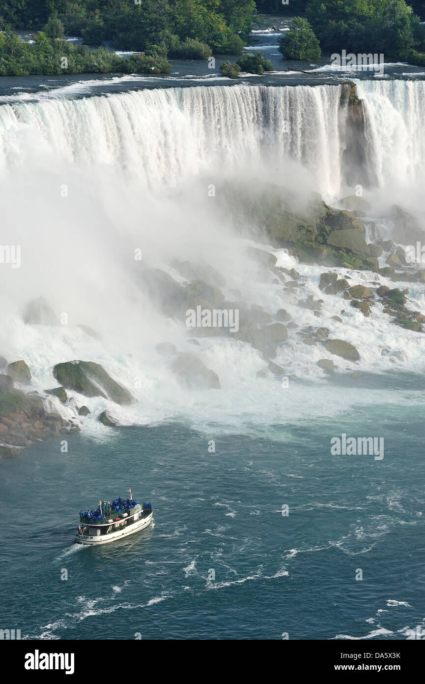 American Falls, Canada, Maid of the Mist, Niagara Falls, water, Niagara River, Ontario, Tour boat, Travel, aerial view, boat, bo Stock Photo