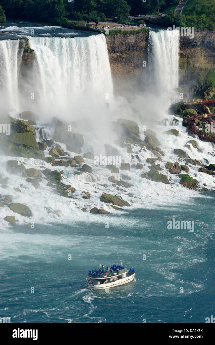 American Falls, Canada, Maid of the Mist, Niagara Falls, water, Niagara River, Ontario, Tour boat, Travel, aerial view, boat, bo Stock Photo
