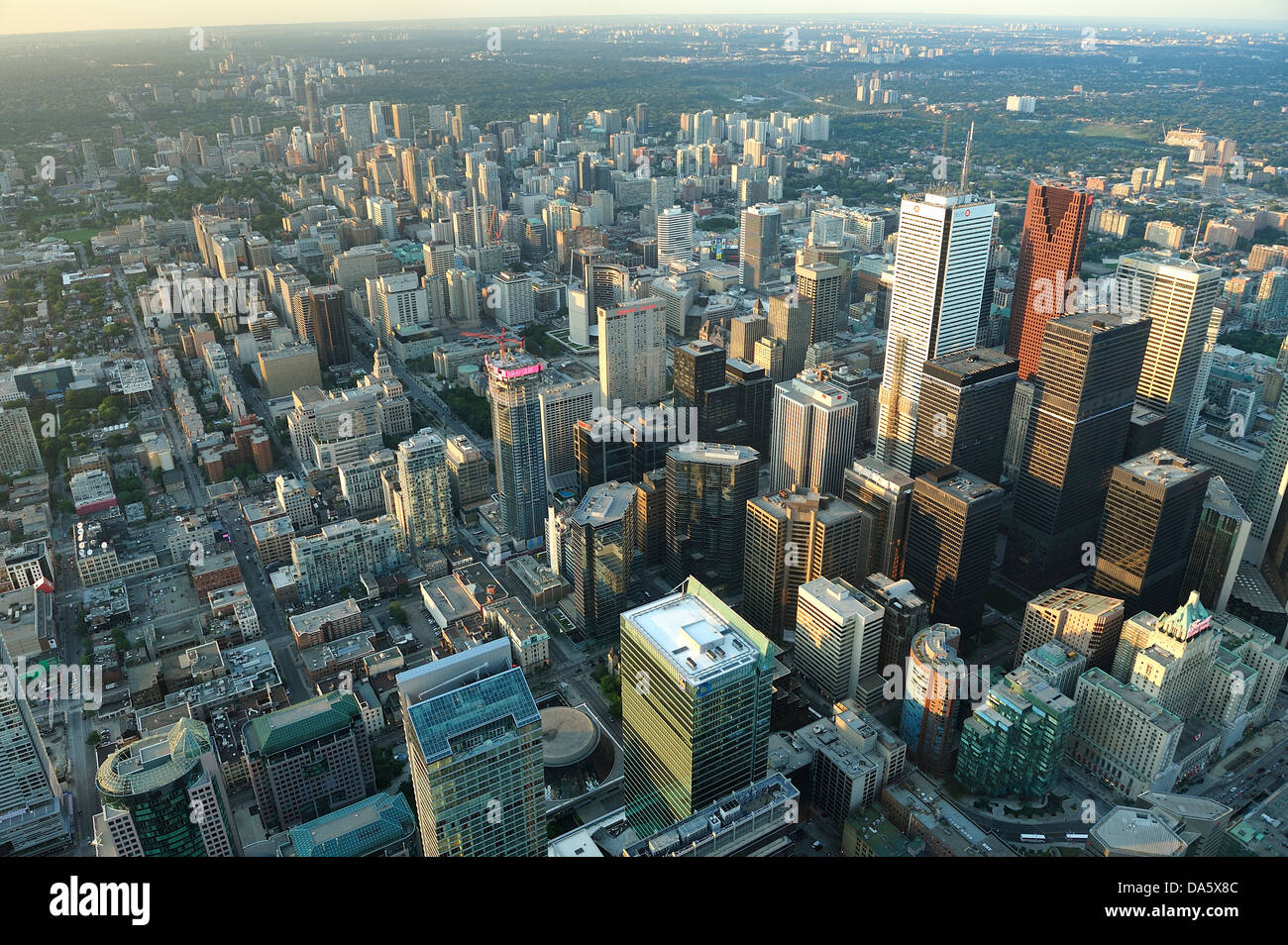 Canada, Clouds, Downtown, from above, Ontario, Toronto, aerial, aerial view, buildings, city, dusk, metropolis, sunset, building Stock Photo