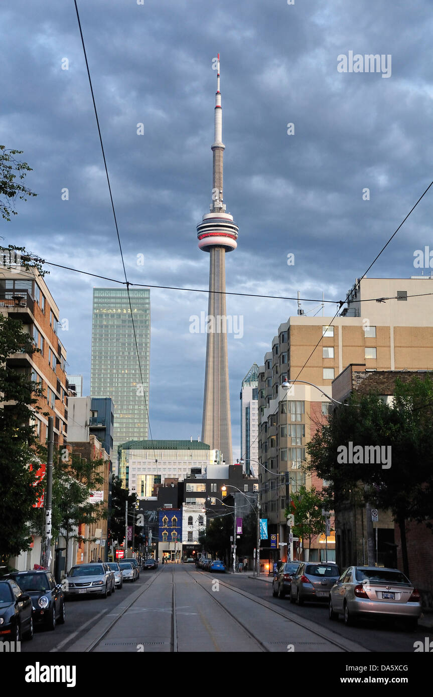 CN Tower, Tower, Canada, Ontario, Toronto, building, cars, city, cloudy, skyscraper, street Stock Photo