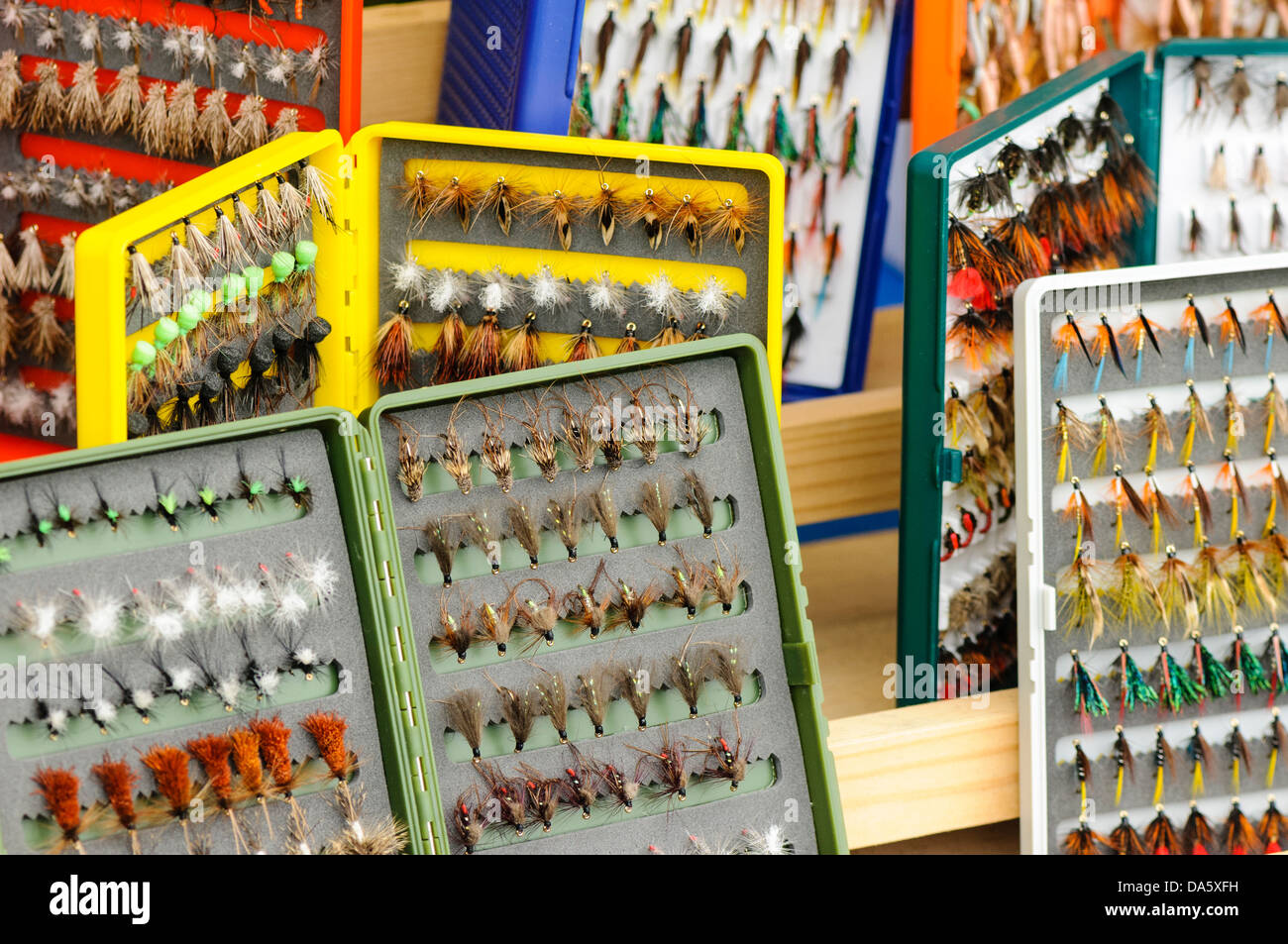 Boxes of trout fishing flies Stock Photo - Alamy