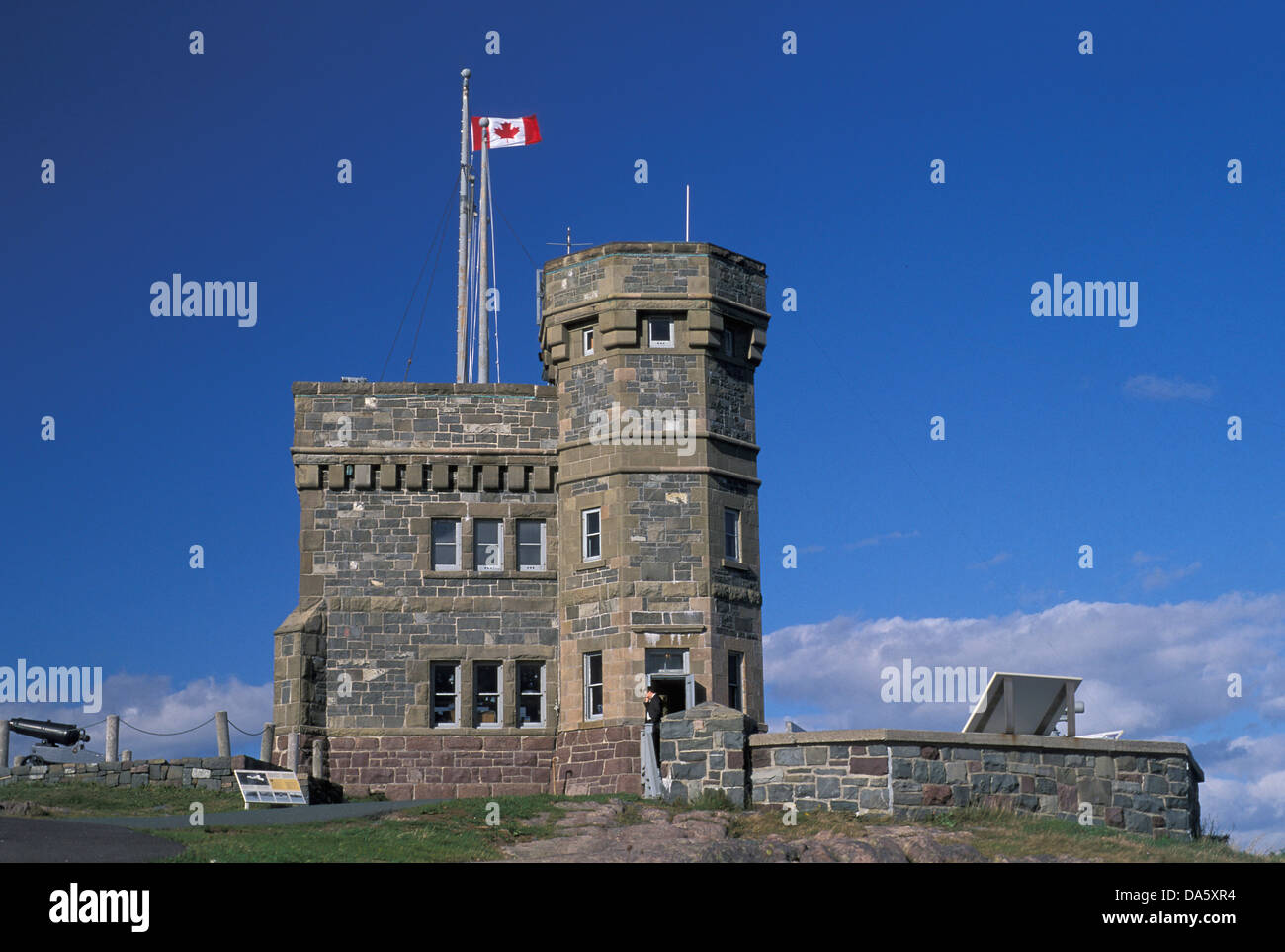 Gabot Tower, Signal Hall, National, Historic, Site, St. John's, Newfoundland, Canada, Flag, Blue sky, cannon, castle, tower, bri Stock Photo