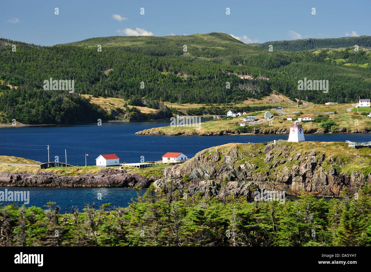 Trinity, Newfoundland, Canada, village, coast, lake, forest, rocks, Stock Photo