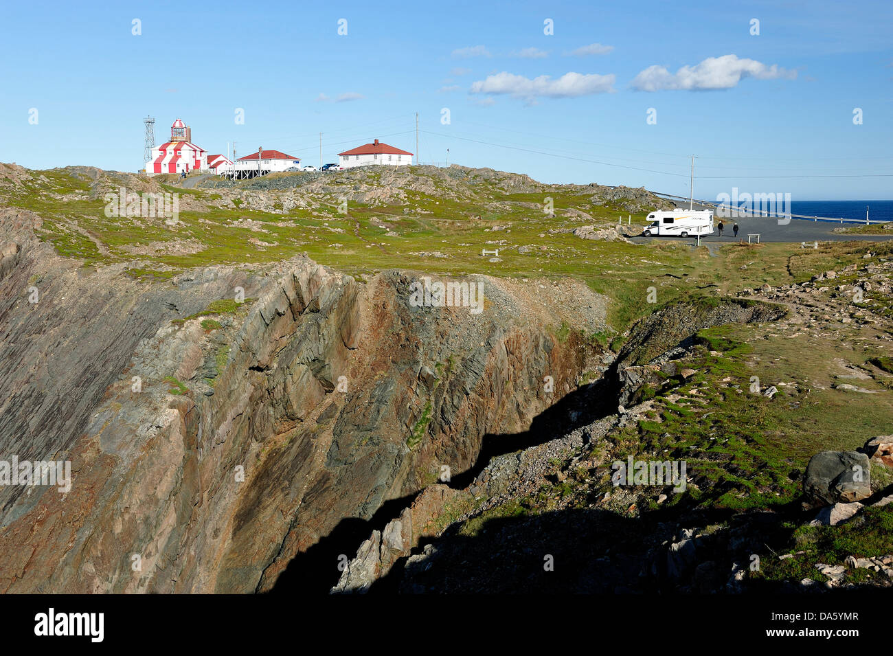 Motorhome, RV, Camper, Bonavista, Lighthouse, Newfoundland, Canada, coast, rocks, sea Stock Photo