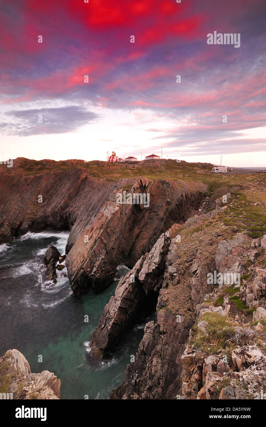 Motorhome, RV, Camper, Bonavista, Lighthouse, Newfoundland, Canada, evening, coast, rocks, sea Stock Photo