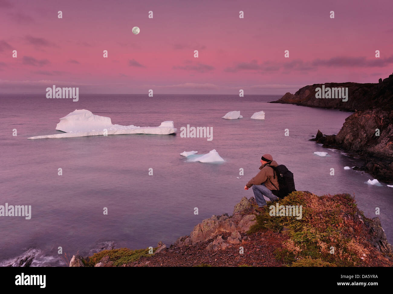 Icebergs, iceberg, floating, Crow Head, Twillingate, Newfoundland, Canada, sunset, ice, man, backpack Stock Photo