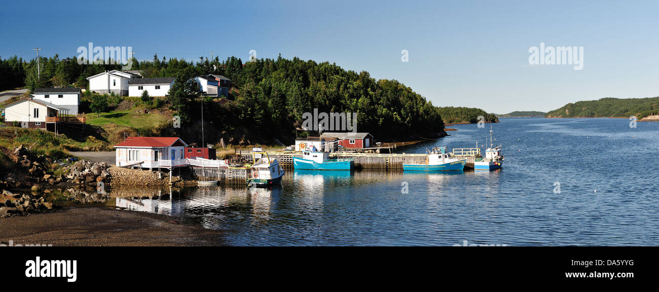 Fishing boat, shacks, inlet, rocky, cove, Little Harbor, Newfoundland, Canada, harbour, Stock Photo