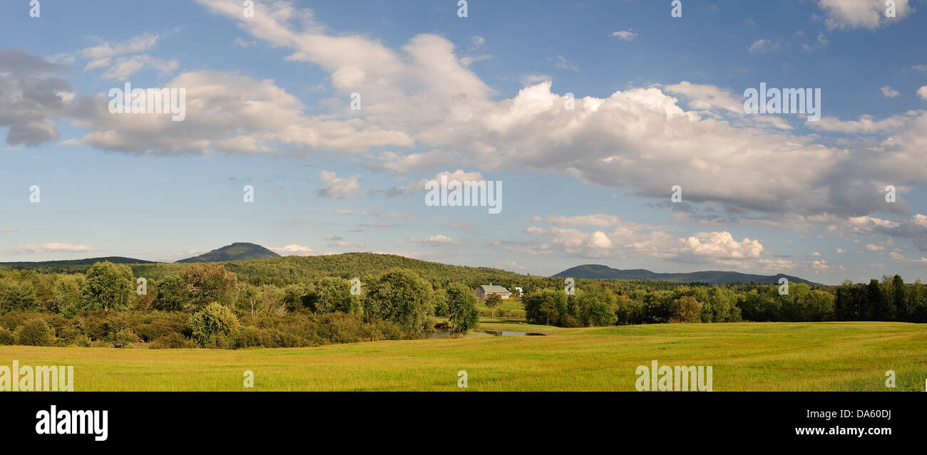 Blue, Sky, Canada, Clouds, Eastern Townships, Farm, Hills, Quebec, Rural, Landscape, Trees, field, forest, home, hills, landscap Stock Photo