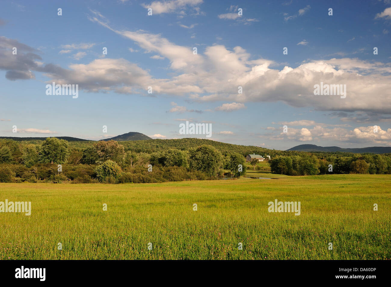 Blue, Sky, Canada, Clouds, Eastern Townships, Farm, Hills, Quebec, Rural, Landscape, Trees, field, forest, home, hills, landscap Stock Photo