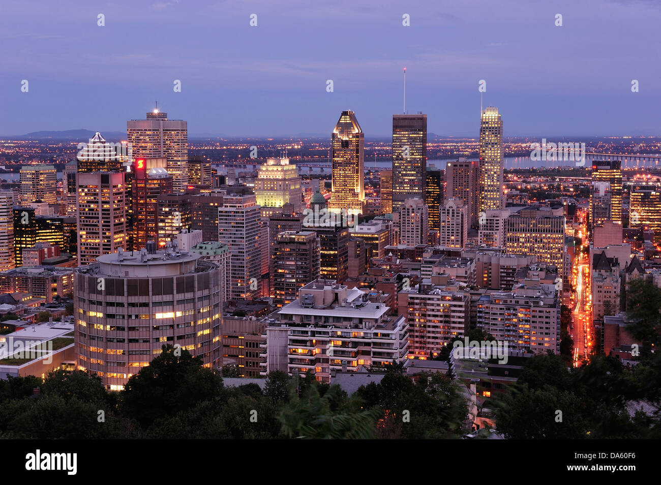 Canada, Lit, illumination, Montreal, Quebec, Traffic, View, Park, Mont Royal, buildings, cars, city, downtown, driving, dusk, li Stock Photo