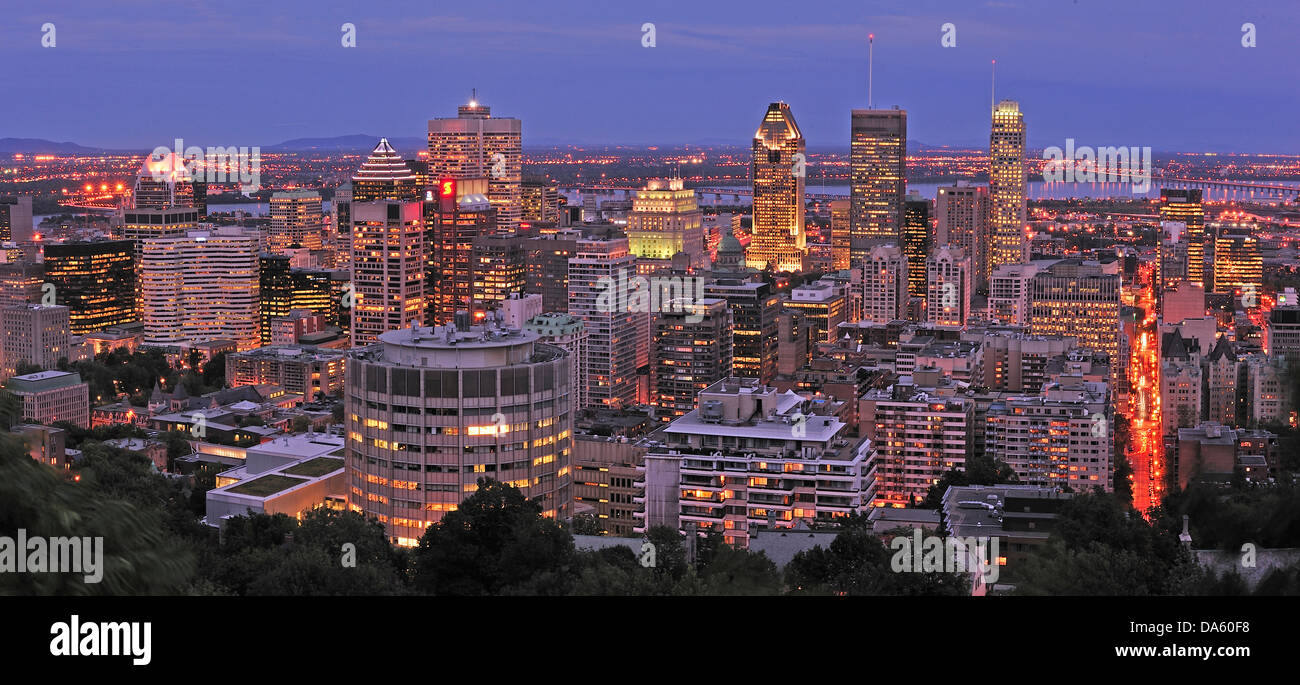 Canada, Lit, illumination, Montreal, Quebec, Traffic, View, Park, Mont Royal, buildings, cars, city, downtown, driving, dusk, li Stock Photo