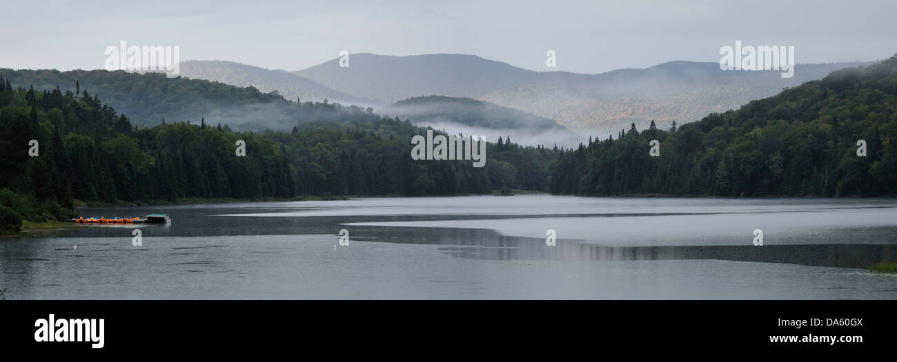 Canada, Hills, Kayak, Morning, mist, National Park, Mont-Tremblant, Quebec, Travel, boat, forest, lake, misty, mountains, panora Stock Photo